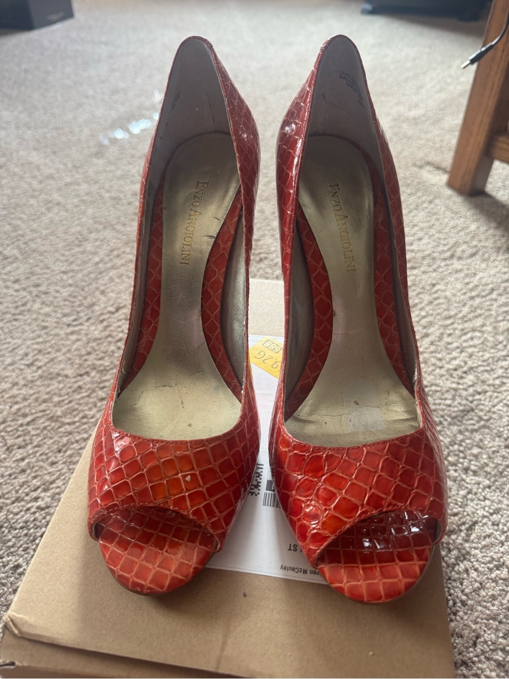 Enzo Angiolini Orange Croc-Print Peep-Toe Pumps